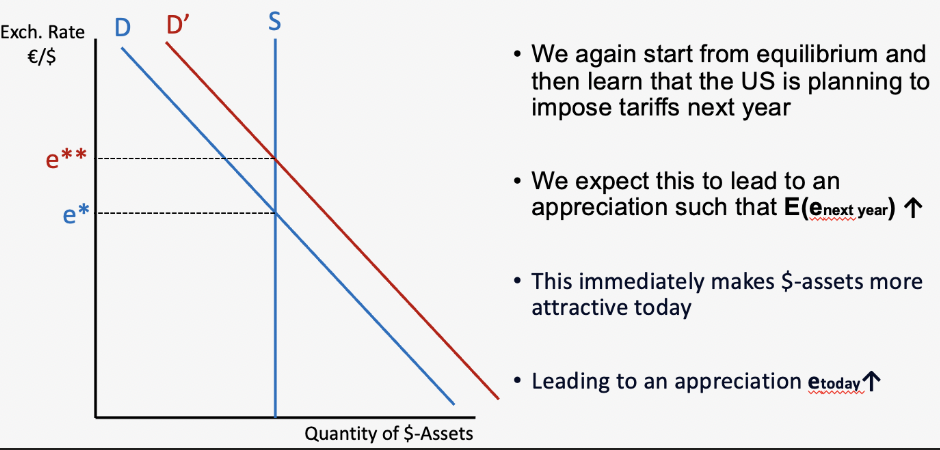 <p>This is the more subtle and interesting point. You don't need anything to actually happen today - just the expectation of future appreciation is enough to cause appreciation right now.</p><p>The logic: news breaks that the US will impose tariffs next year. From long-run analysis, tariffs → stronger dollar eventually. So investors think "the dollar will be worth more next year." That makes dollar assets attractive today — why invest in euros if you expect to lose on the exchange rate when converting back? So capital flows in now, demand shifts right (D → D'), and the dollar appreciates immediately, even though the tariffs haven't happened yet.</p>