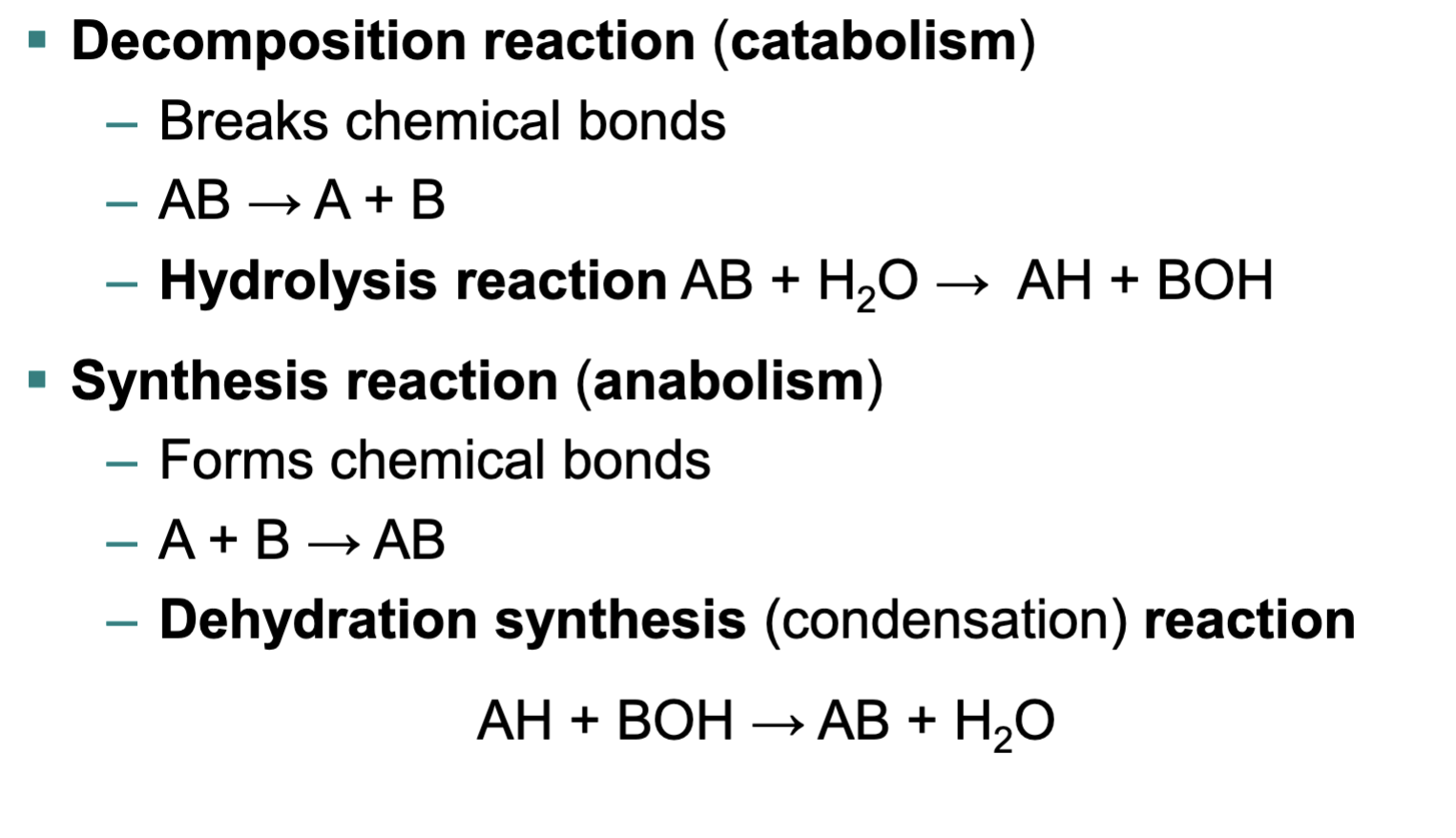 <p>Breaks bonds (splits molecules)</p>