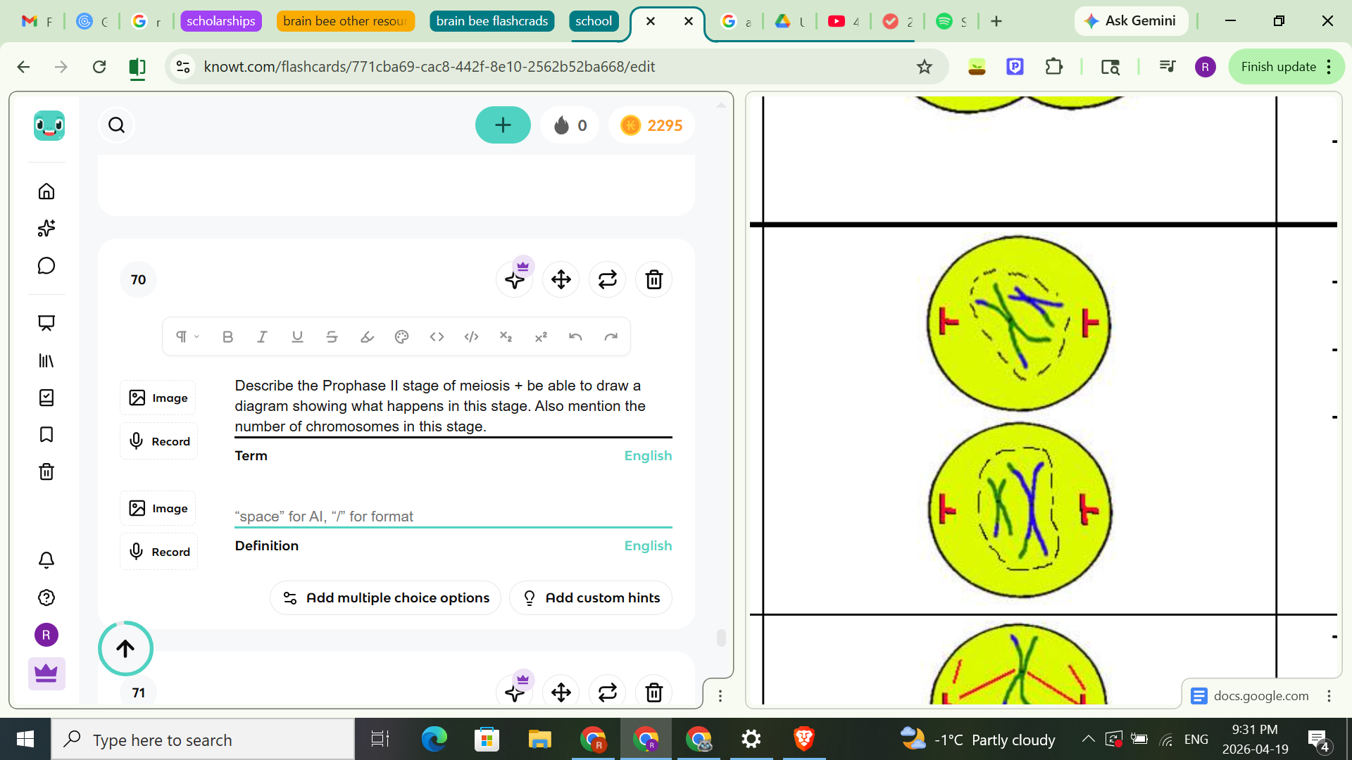 <ul><li><p><span style="background-color: transparent;">In meiosis 2- sister chromatids separate process&nbsp;</span></p></li><li><p><span style="background-color: transparent;">Not preceded by round of DNA replication like prophase 1</span></p></li><li><p><span style="background-color: transparent;">In each haploid daughter cell, a spindle forms and attaches to the centromeres of the sister chromatids</span></p></li></ul><p><u>Chromosome number</u>:</p><ul><li><p>2 cells each with 23 double chromosomes</p></li><li><p>Haploid</p></li></ul><p></p>