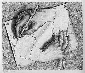 <p>Qu’est ce qui est central dans “Drawings hands” ? </p>