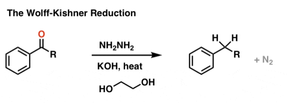 <ul><li><p>uses hydrazine (NH2NH2) as reducing agent in presence of strong base (KOH) —- done under strongly basic conditions</p><ul><li><p>in a high-boiling protic solvent (ethylene glycol)</p></li></ul></li></ul><p></p>