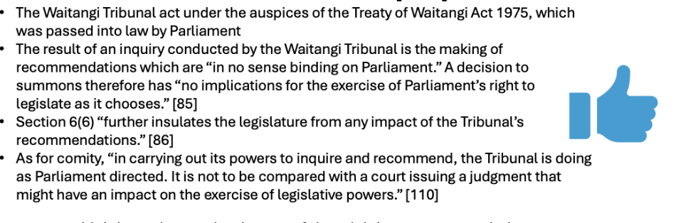 <ul><li><p><span>Parliament wouldn't have designed it this way if they didn’t want it to work this way</span></p></li><li><p><span>Recommendations and are not binding on Parliament -> has no implications for the exercise of parliaments right to legislate as it chooses.</span></p></li><li><p><span>Comity -> doing as parliament directed, its no adversarial or a court, makes recommendations no legislative powers.</span></p></li><li><p><span>So it won't impinge. It operates under an act</span></p></li></ul><p></p>