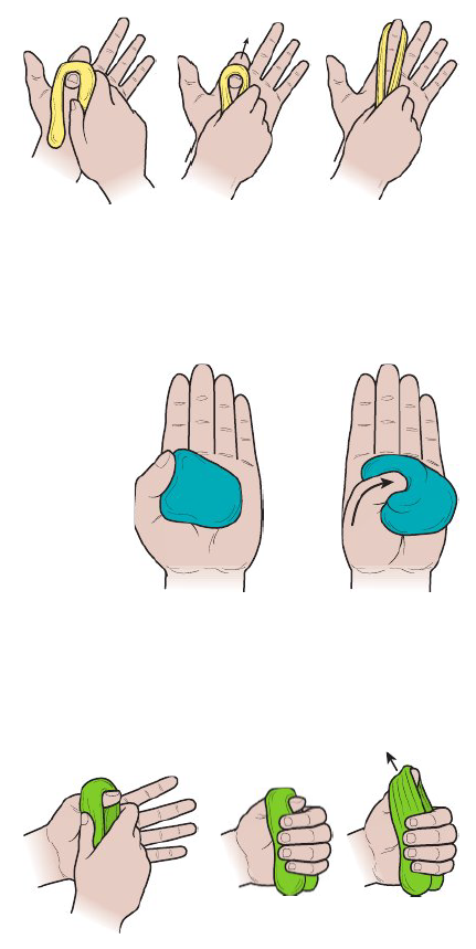 <ol><li><p><strong>Full grip (Flexor muscles) </strong></p></li></ol><ul><li><p>Squeeze putty with fingers against palm, roll over and repeat with as much strength as possible</p></li><li><p>10 reps </p></li></ul><p></p><ol start="2"><li><p><strong>Finger spread (Extensor and abductor muscles) </strong></p></li></ol><ul><li><p>Pancake putty, bunch finger together and spread as fast as possible</p></li><li><p>3 reps </p></li></ul><p></p><ol start="3"><li><p><strong>Finger dig (Flexor muscles)</strong></p></li></ol><ul><li><p>Place putty in palm and dig fingertips into it. Release, roll over and repeat</p></li><li><p>10 reps </p></li></ul><p></p><ol start="4"><li><p><strong>Finger extension (Extensor muscle) </strong></p></li></ol><ul><li><p>Close 1 finger into palm, wrap putty over, and hold loose end with other hand. Quickly extend finger to fully opened position. Regulate difficulty by increasing or decreasing putty thickness over fingertip. Repeat w/ each finger. </p></li><li><p>3 reps </p></li></ul><p></p><ol start="5"><li><p><strong>Thumb press (Flexor muscles)</strong></p></li></ol><ul><li><p>Put putty in palm, press with thumb with max force.</p></li><li><p>5 reps </p></li></ul><p></p><ol start="6"><li><p><strong>Thumb extension (Extensor muscles)</strong></p></li></ol><ul><li><p>Bend thumb towards palm, wrap putty over thumb. Hold loose ends down and extend thumb out quickly. Regulate difficulty by increasing or decreasing putty thickness over thumb. </p></li><li><p>3 reps</p></li></ul><p></p><p></p><p></p>