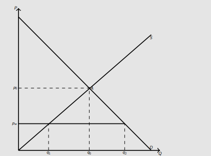 <ul><li><p>Consider a small country with demand and supply of a product. The equilibrium is shown by A. </p></li><li><p>Given a low world market price Pw without tariff the country imports q1q2. </p></li></ul><p></p>
