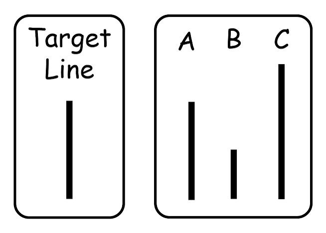 <p>ASCH’S BASELINE PROCEDURE: what were the participants shown</p>