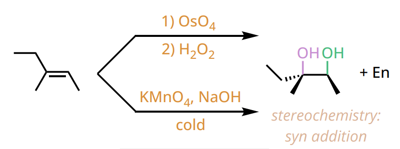 <ul><li><p>stereochemistry: (OH) Syn addition</p></li><li><p>reagents: 1. cold KMnO<sub>4</sub> 2. NaOH or 1. OsO<sub>4</sub> 2. H<sub>2</sub>O<sub>2 </sub>or NaHSO<sub>3</sub></p></li></ul><p></p>
