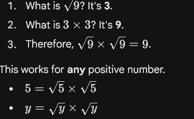 <p>square root as "half" of a number's power. When you multiply two "halves" together, you get the "whole”</p><p>A "Square Root" is literally <strong>half of a multiplication</strong>.</p><p><br><br></p>