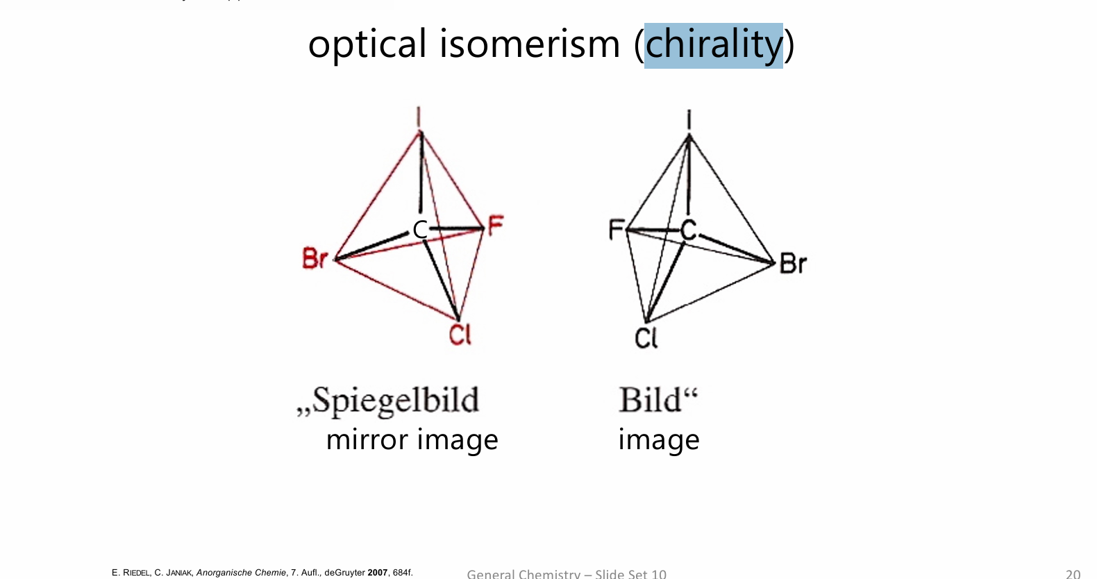 <p>Chirality is the property of an object not being identical to its mirror image</p><p>chirality needs <strong>four different groups</strong></p><p>or lingands </p>