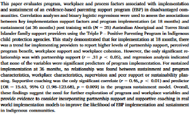 <ul><li><p>peer networking and coaching</p></li><li><p>positive family outcomes</p></li><li><p>supportive coaching led to program sustainment 3 years later</p></li></ul><p>→ first nations implementation consultants</p><p>→ first indigenous trainer</p><p></p>