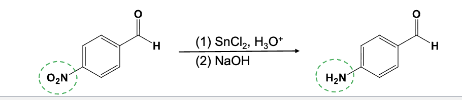 <ul><li><p>Selectively reduces an aryl nitro group (NO<sub>2</sub>) to an amino group (NH<sub>2</sub>)</p></li></ul><p>-NaOH is required to get a neutral amino group</p><p></p>