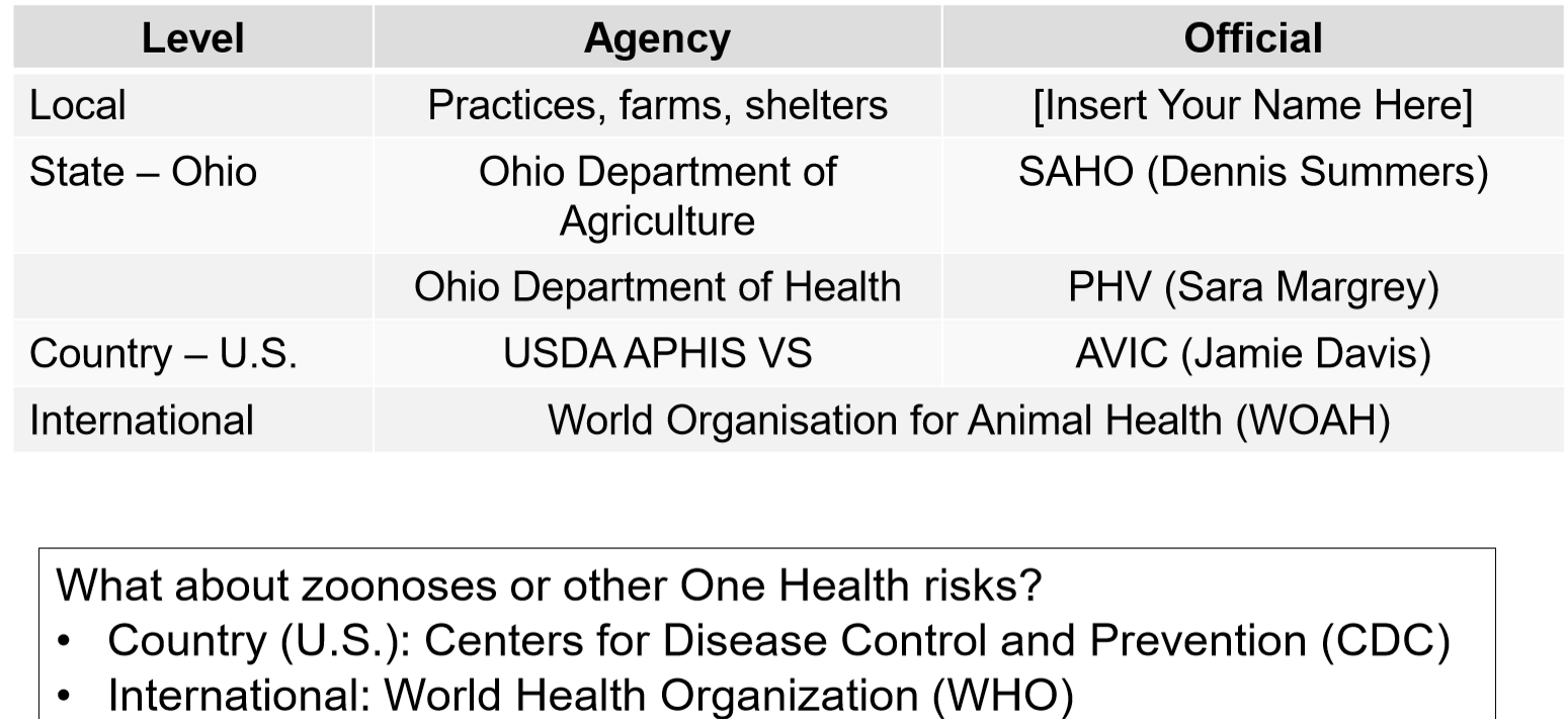 <ol><li><p>vets </p></li><li><p>state ani health official that works for ODA or public health vet that works for ODH</p></li><li><p>aphis vet in charge that works for USDA APHIS</p></li><li><p>WOAH</p></li></ol><p>.</p><p>track sales of drugs, health certificates, ani death reports, &amp; do farm visits </p>