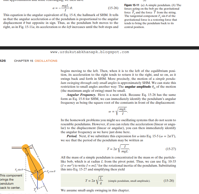 <p>Since we know that the net torque of an object must equal the product of its moment of inertia and the angular acceleration, we can easily solve for angular acceleration. Furthermore, we also simplify sin(theta) to just theta via the small-angle approximation process for sin(theta). </p><p></p><p>From here, we obtain:</p><p></p><p>a = -(mgL/I)(theta)</p><p></p><p>This is identical to the acceleration of an object in SHM: the acceleration is directly proportional to the negative of its displacement by some constant; in this instance, the constant value is mgL/I. </p><p></p><p>Recall that the acceleration of any object in SHM is: a(t) = -w²x(t)</p><p></p><p>In this instance, our x(t) is simply the angular displacement, so x(t) = theta. But we know that w² = mgL/I, so w = sqrt(mgL/I). </p><p></p><p>We also know that t = 2pi/w, so simply plug in the angular frequency and we obtain: </p><p></p><p>T = 2pisqrt(L/g)</p>
