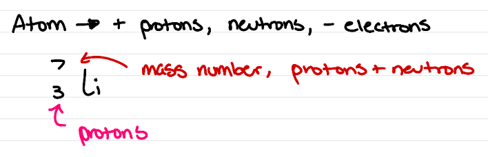 <p>Proton (+), neutron, electron (-)</p><p></p>