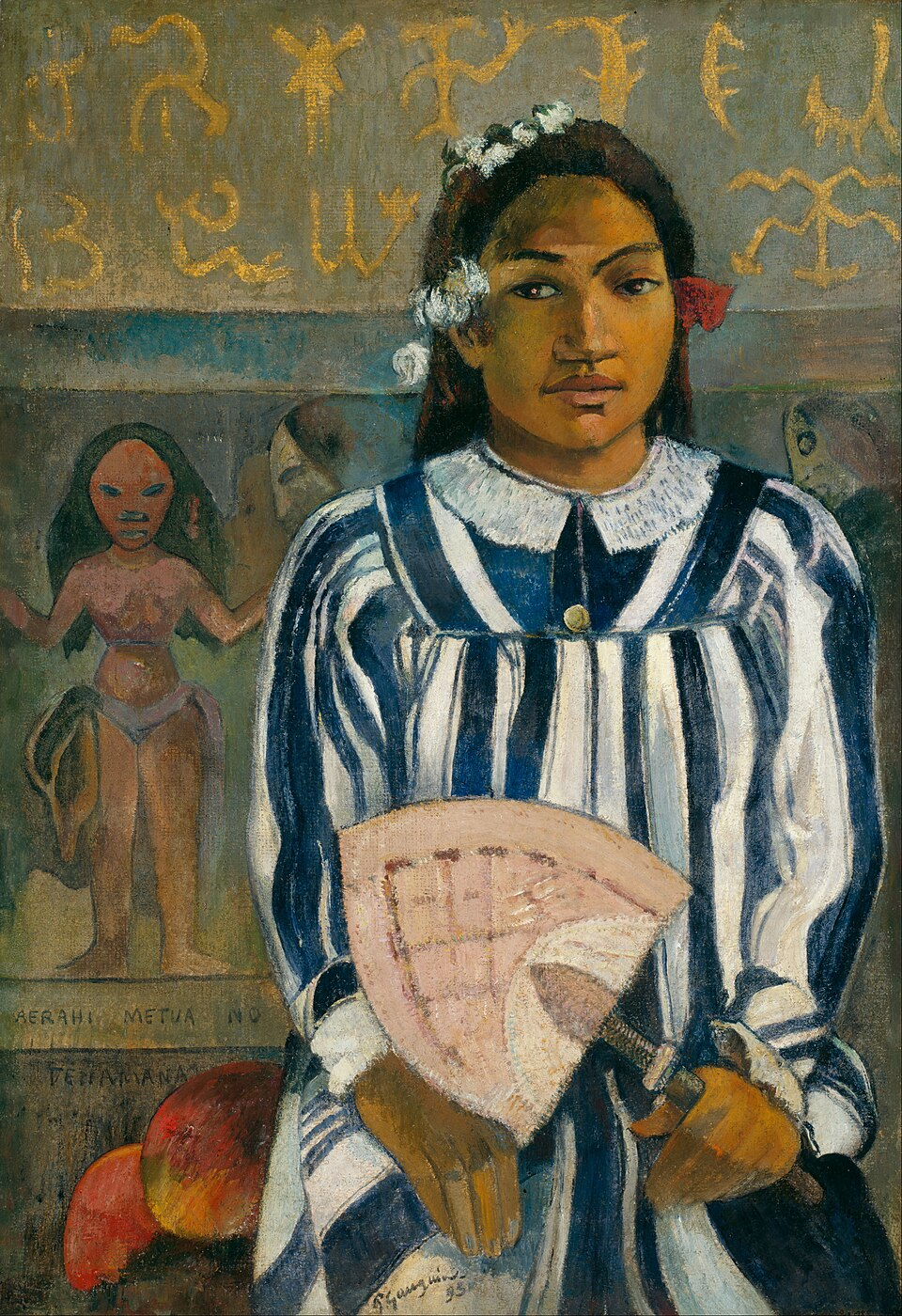 <p>First wife. She was 13. Portrayed as a warrior. Fan is a symbol of nobility in tajiti. No represetation of gods. The mongal transition to spirtuality. Mango represents that she’s pregnant. Image of powerful women you can put her in a colonal dress but she has knowledge. </p>