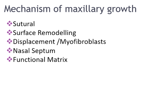 <ul><li><p>Sutural growth</p></li><li><p>Surface remodelling </p></li><li><p>Displacement</p><ul><li><p>Nasal septum</p></li></ul></li><li><p>Functional matrix </p></li></ul><p></p>