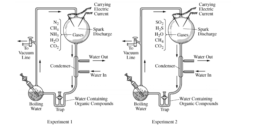 <p>Two groups of students attempted to re-create the primitive atmospheric conditions of early Earth using the apparatus represented below. Each group ran the experiment with different gas mixtures in the apparatus.</p><p>Which of the following statements best justifies the claim that the conditions in at least one of the experiments could generate the molecular building blocks essential for life?</p><p>A) The carbon dioxide (CO₂) gas and water (H₂O) vapor in experiment 1 could react spontaneously to produce the phospholipids required by the first life-forms.</p><p>B) The nitrogen (N₂) gas and ammonia (NH₃) gas in experiment 1 could provide the elemental nitrogen required for the formation of amino acids.</p><p>C) The sulfur dioxide (SO₂) gas in experiment 2 could donate the excited electrons required to drive the process of photosynthesis.</p><p>D) The methane (CH₄) gas in experiment 2 could act as the electron acceptor required to complete the process of cellular respiration.</p>