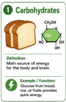 <p>Nutrients that are an important source of energy for the body.<br>Example: The body can break down glucose from carbohydrates for energy.</p>