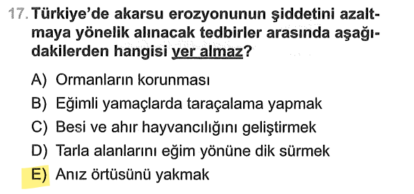 <p>Anız yakmak (hasat sonrası kalan sapları yakmak) toprağı savunmasız bırakır ve erozyonu <strong>coşturur</strong>.</p>