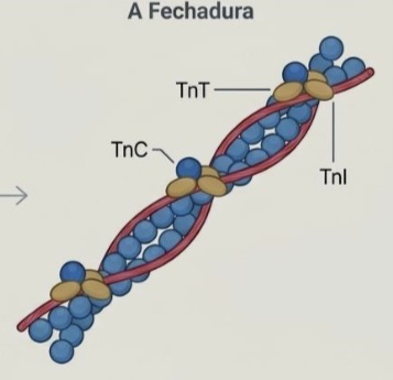 <p>Tropomiosina - que enrola e nao deixa a miosina se conectar </p><p>Troponina C - o sensor que aguarda o cálcio (quando Ca2+ é liberado se liga e afasta a tropomiosina, permitindo que a miosina se ligue) </p>