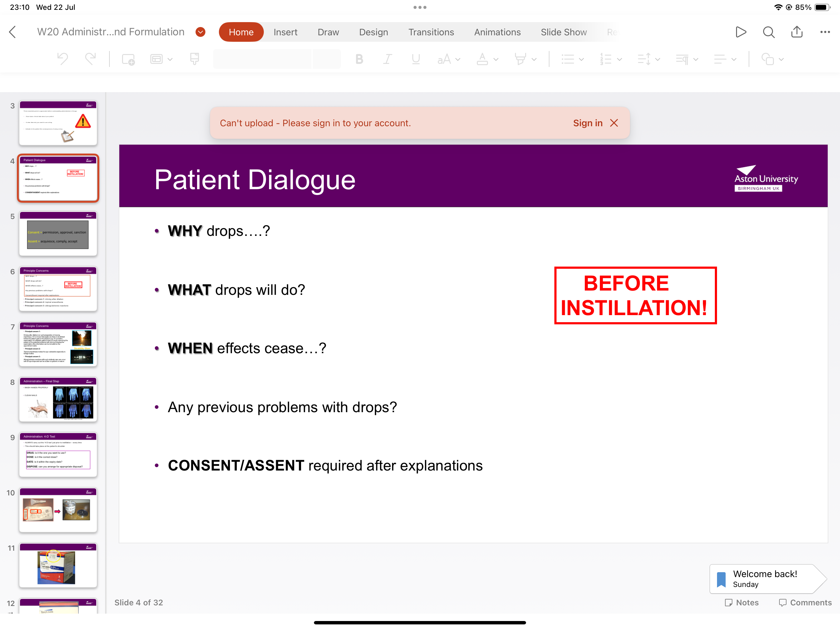 <ul><li><p>why drops </p></li><li><p>What drops </p></li><li><p>When affects cease </p></li><li><p>Previous problems with drops </p></li><li><p>Obtain consent </p></li></ul><p></p>