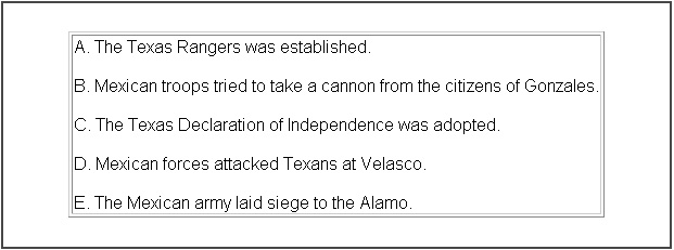 <p><span>Which of the following lists the above events in chronological order? (TX)</span></p>