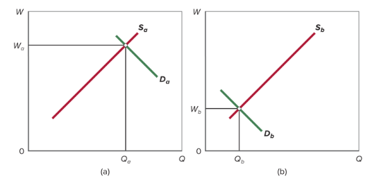 <p>In Figures 17.9a and 17.9b, why do wages differ if supply curves are identical?</p>