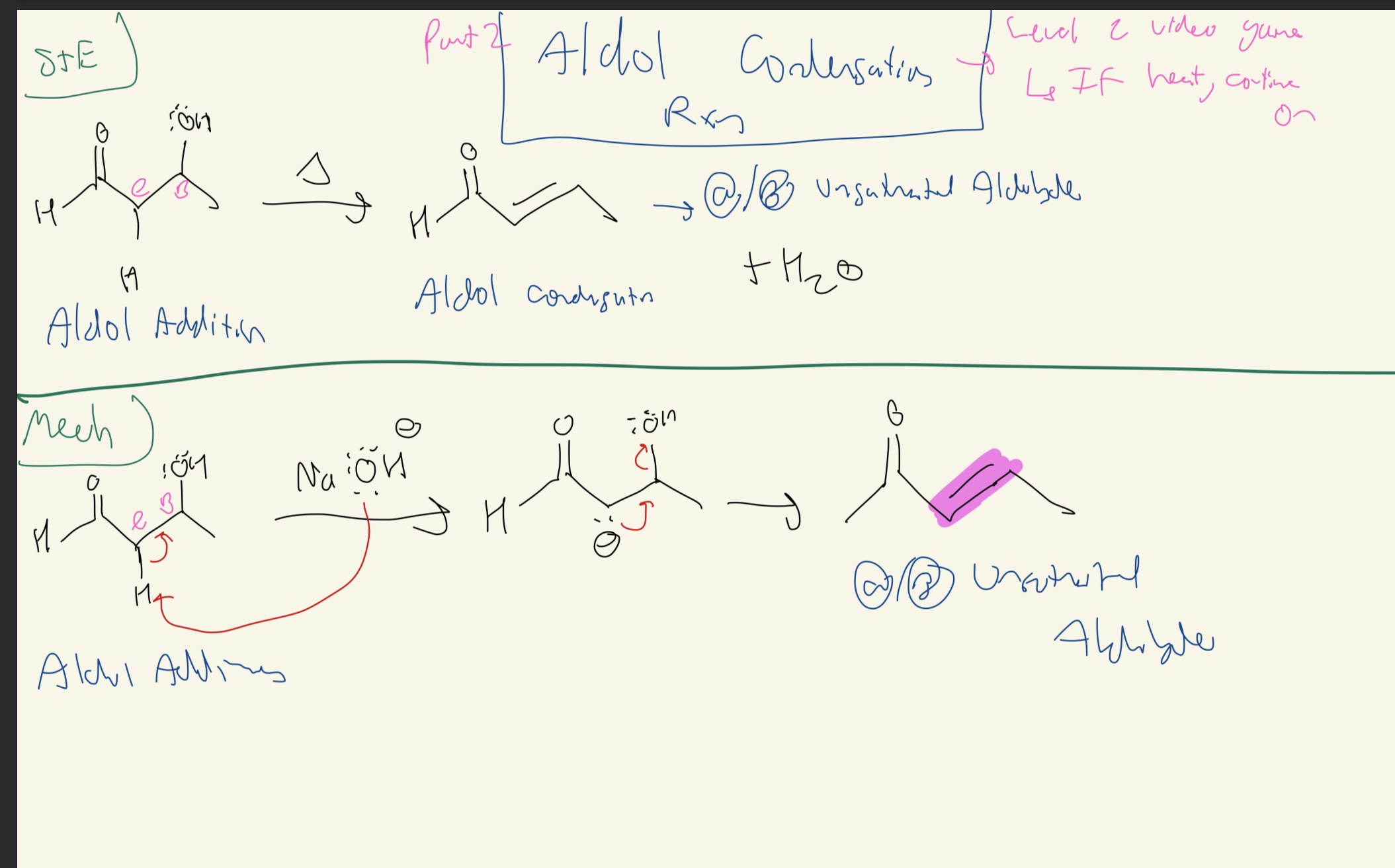 <p><strong><u>2</u> Aldehyde → Beta Hydroxy Aldehyde → Alpha Beta Unsaturated Aldehyde</strong></p><p><strong><u>2</u> Ketone → Beta Hydroxy Ketone → Alpha Beta Unsaturated Ketone</strong></p><p></p><p><strong>Aldol Condensation </strong></p><p><strong>E1cB = Elimination Unimolecular Conjugate Base</strong></p><p></p><p>E1 = Enolate Intermediate lone pair makes a C double bond C AND OH leaves as L.G. E1 because eliminated comes from <strong>UNIMOLECULAR ENOLATE</strong></p><p>cB = When NaOH or other base DEPROTONATES the Aldol Addition to form an <strong>ENOLATE which is the CONJUGATE BASE of the Aldol </strong></p>