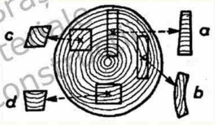 <p>a - inele anuale prepediculare pe feţele mari<br>b - inele anuale tangenţiale pe feţele mari<br>c, d - grinzi</p>