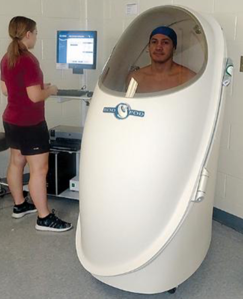 <p>Air displacement plethysmography (The “Bod Pod” can also determine body volume and fat percent</p>