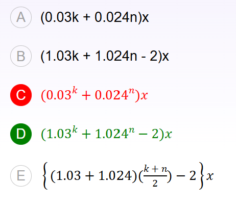 <p><span>An investor invested x dollars into each of two certificates of deposit. One certificate of deposit earned 3 percent interest compounded annually for k years. The other certificate of deposit earned 2.4 percent interest compounded annually for n years. Which of the following expressions represents the total amount of interest, in dollars, earned by the two certificates of deposit?</span></p>