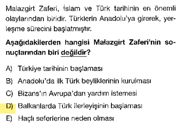 <p>Malazgirt ile <strong>Anadolu'nun</strong> kapıları açıldı. Balkanlar (Avrupa) ilerleyişi daha çok Osmanlı döneminde hız kazanacaktır. Karıştırma!</p>