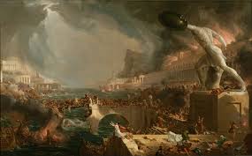 <p>Reflects fear of civilizational collapse through violent ruin imagery, emphasizing cycles of rise and fall.</p><p>at ROME, British Artist</p><p>Feature the borghese warrior</p>