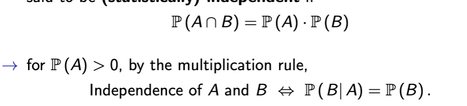 <p>Probability of intersection of events equals the product of both events multiplied, and conditional probability is the probability of the first event in parenthesis</p><p>basically shows one event occurs independently of the other</p>