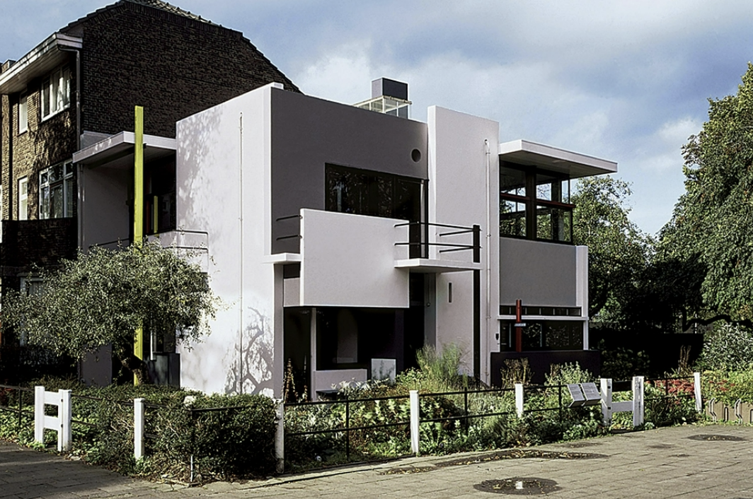 <p>-Here have Mondrian’s applied principles of dynamic equilibrium and De Stijl principles applied to architecture— they declared that new architecture will be anti cubic</p>