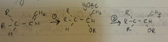 <p>Alkoymercuration - demercuration </p><p>no rearrangement</p><p>Markov.</p>