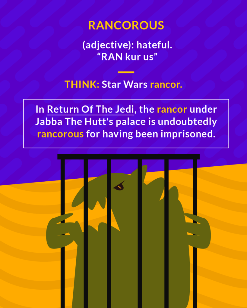 <p>(adj.) bitter, hateful</p>