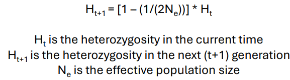 <p>The change in heterozygosity between generations due to drift can be determined using this formula:</p>