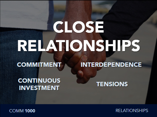 <p><strong>Close relationships</strong> = relationships with intimacy or significant closeness</p><ul><li><p><strong>Commitment</strong> = you will help them, they will help you</p></li><li><p><strong>Interdependence</strong> = increased closeness → greater dependence on e/o</p></li><li><p><strong>Continuous investment</strong> = continued effort put into relationship</p></li><li><p><strong>Tensions</strong> = dialectical tensions = conflicting needs as a person</p><ul><li><p>Independence</p></li><li><p>Change vs. predictability</p></li></ul></li></ul><p></p>