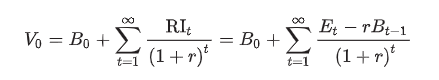 <p><span>current book value of equity + pv of expected residual income</span></p><p><span>assumes clean surplus accounting</span></p>