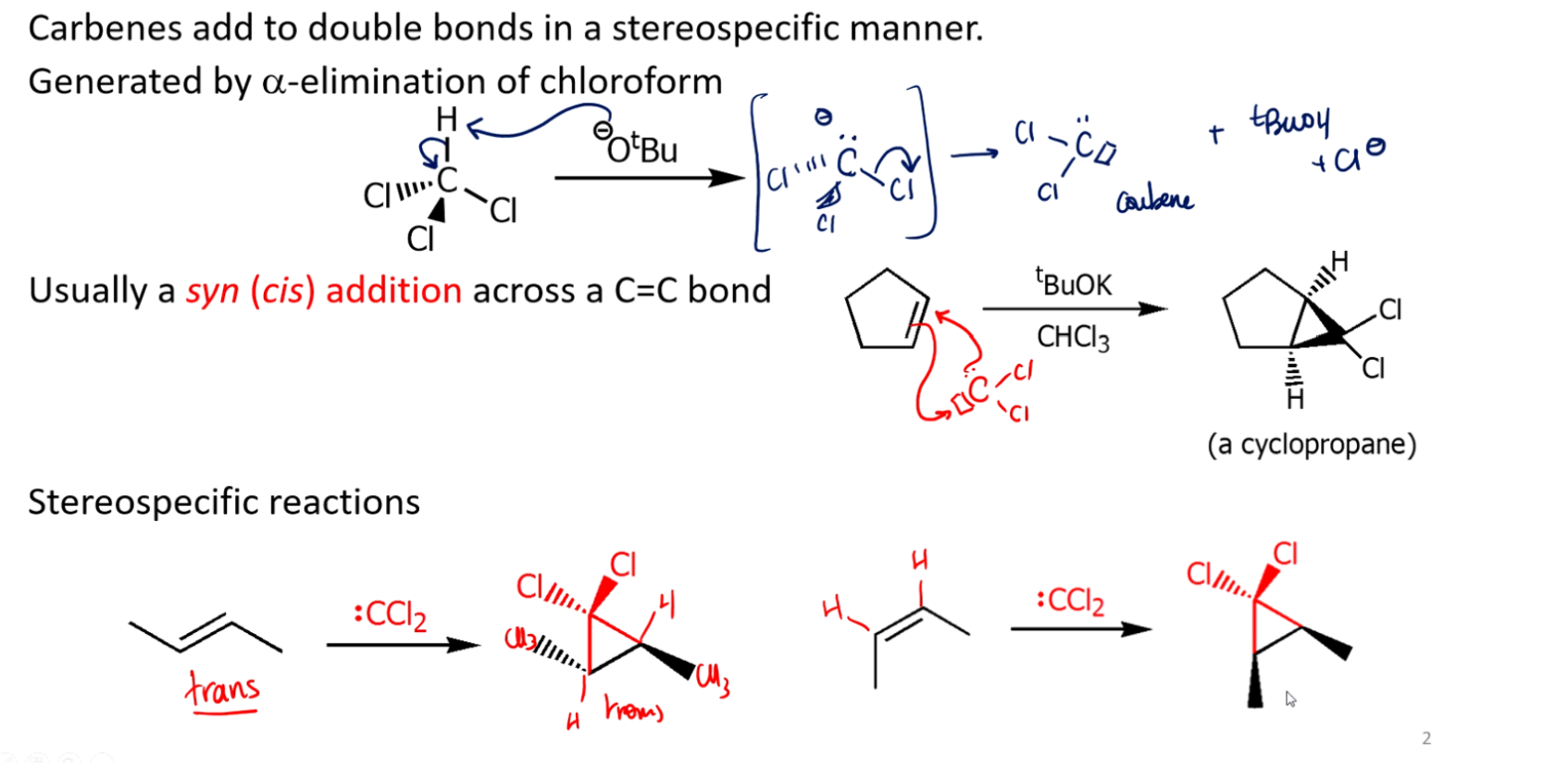 <p>1. <strong>Dihalocarbenes from haloforms</strong> </p><ul><li><p>Reagents like <strong>CHCl₃ + strong base (e.g., OH⁻)</strong> generate <strong>:CCl₂</strong></p></li><li><p>This carbene adds to an alkene → <strong>dichlorocyclopropane</strong></p></li></ul><p> </p><p><span data-name="point_right" data-type="emoji">👉</span> Key signal: <strong>CHCl₃ / base</strong> or similar haloform conditions</p><p> </p><div data-type="horizontalRule"><hr></div><p> 2. <strong>Simmons–Smith reaction (carbenoid, not free carbene)</strong> </p><ul><li><p>Reagents: <strong>CH₂I₂ + Zn(Cu)</strong></p></li><li><p>Forms a “carbenoid” that behaves like <strong>:CH₂</strong></p></li><li><p>Adds to alkenes → <strong>cyclopropane</strong></p></li></ul><p> </p><p><span data-name="point_right" data-type="emoji">👉</span> Key signal: <strong>CH₂I₂ + Zn(Cu)</strong></p>