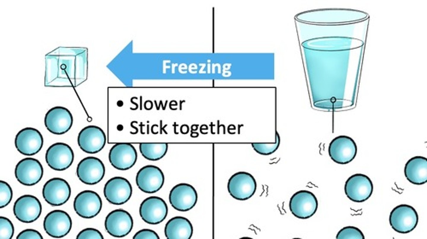 <p>During freezing, heat is released. (Stuff gets colder.) The particles move slower and kinetic energy goes down. The intermolecular attractions get stronger. (Because the particles move slower, and start to stick together more.)</p>