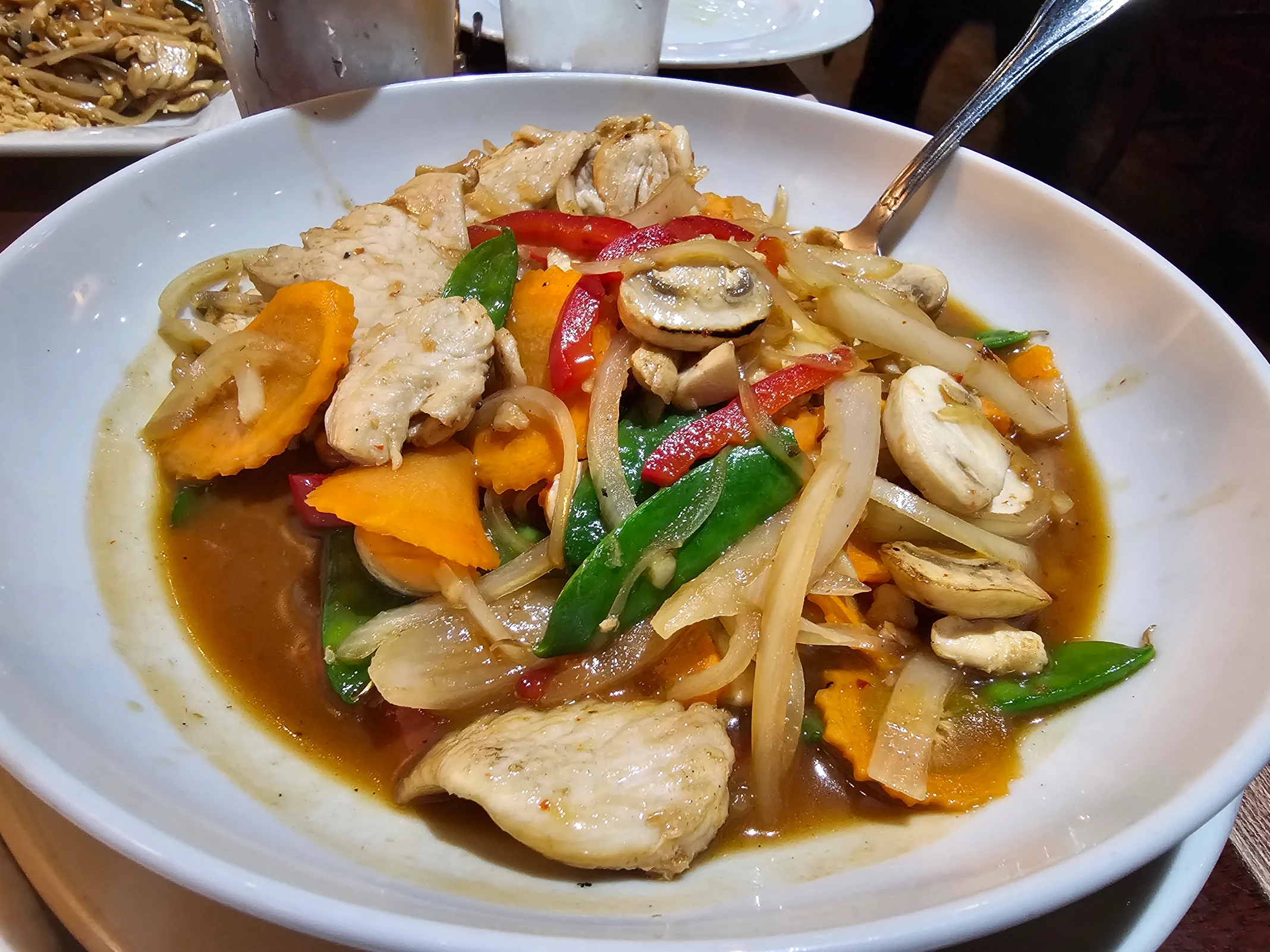 <p>Entree, sweet+savory, <strong>bell pepper, onions, mushrooms, snow peas, carrots</strong>, very popular with seniors</p>