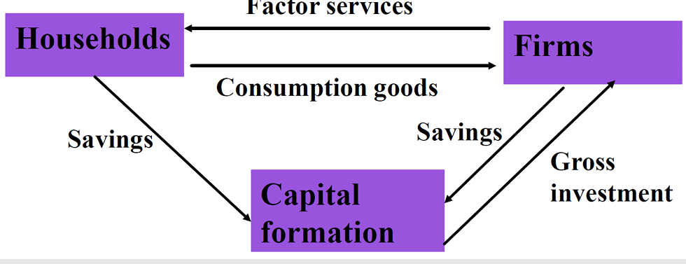 <ul><li><p>Where households do not spend all their income and save some</p></li><li><p>Firms now produce consumption and capital goods </p></li><li><p>Savings now equal investment</p></li></ul><p></p>