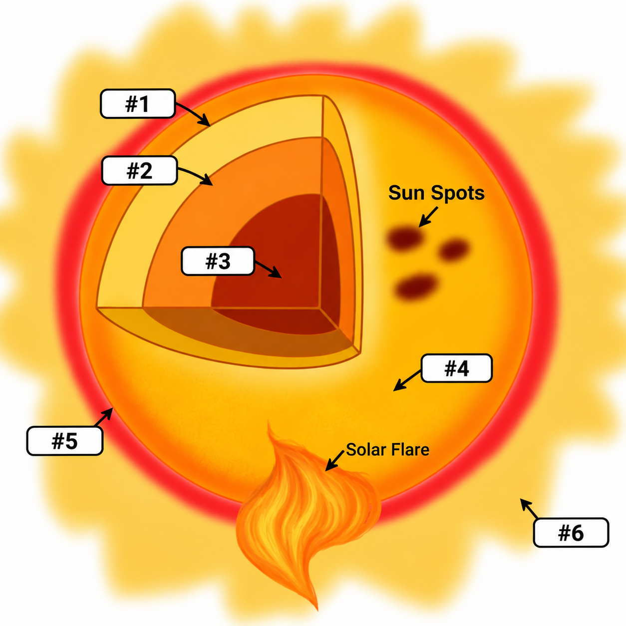 <p>What layer is shown in #4?</p><ul><li><p>Core</p></li><li><p>Chromosphere</p></li><li><p>Corona</p></li><li><p>Radiative Zone</p></li><li><p>Convection Zone</p></li><li><p>Photosphere</p></li></ul><p></p>