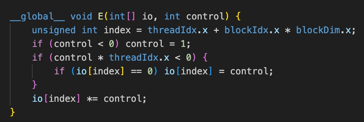 <p>Which of the following CUDA kernels could possibly have control divergence? Assuming warp size is 32. And exclude all overflow/underflow scenarios.</p>