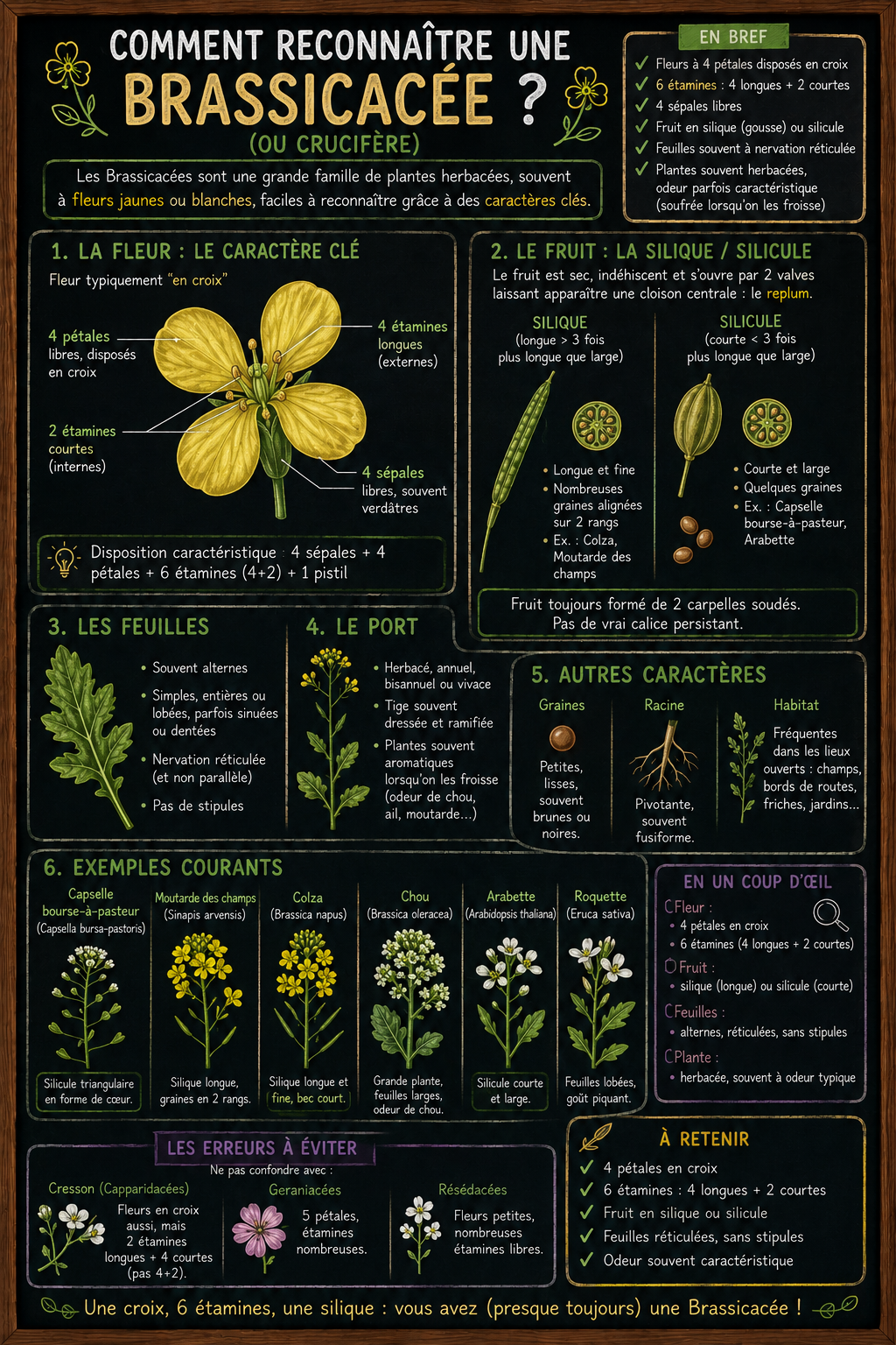 <p>Les Brassicaceae sont reconnaissables surtout grâce à leurs fleurs. Elles possèdent une corolle à 4 pétales libres disposés en croix, ce qui est un critère extrêmement fiable. Les fleurs sont regroupées en grappe (racème) sans bractées.</p><p>Un autre critère essentiel est l’androcée : il y a 6 étamines, dont 4 longues et 2 courtes (tétradynamie). Le gynécée est formé de 2 carpelles soudés avec un ovaire supère.</p><p>Les feuilles sont alternes, souvent lobées ou découpées, sans stipules, parfois en rosette à la base. La plante peut présenter une odeur soufrée/piquante typique (choux, moutarde).</p><p>Le fruit est très caractéristique : une silique (longue) ou une silicule (courte).</p><p>En résumé : fleur en croix + 6 étamines (4 longues/2 courtes) + silique = Brassicaceae.</p>