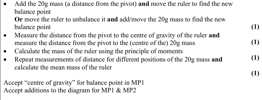 <p><span>Balance the ruler on the pivot to find its centre of gravity. </span></p><p><span>Place the 20 g mass at a measured distance from the pivot. </span></p><p><span>Move the pivot until the ruler balances again. </span></p><p><span>Measure the distance from the pivot to the ruler's COG and to the 20 g mass. </span></p><p><span>Mruler​×d ruler​ = 20(g, mass) ×d mass</span></p><p><span style="font-family: KaTeX_Main, "Times New Roman", serif; line-height: 1.2; font-size: 1.21em;">re</span><span>peat with the mass at different positions and calculate the mean.</span></p>