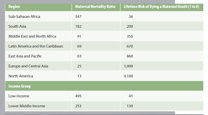 <p><span>•About 300,000 maternal deaths annually</span></p><p><span>•Almost 60% of all maternal deaths occur in 10 countries: India, Nigeria, Pakistan, Indonesia, Tanzania, Kenya, Bangladesh, Uganda, Ethiopia, and the Democratic Republic of the Congo</span></p><p><span>•Birth is the time of greatest risk for mother and baby</span></p><p><span>*A woman in a high-income country has only a 1:3,300 chance of dying a maternal death, compared to 1:36 chance for a women in Sub-Saharan Africa</span></p>