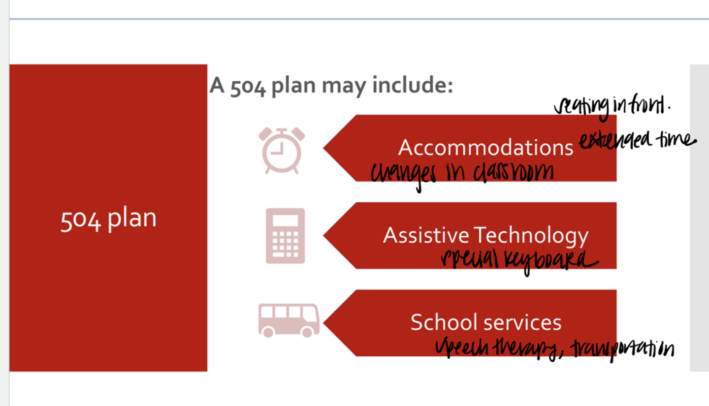 <p>What can a 504 plan include?</p>