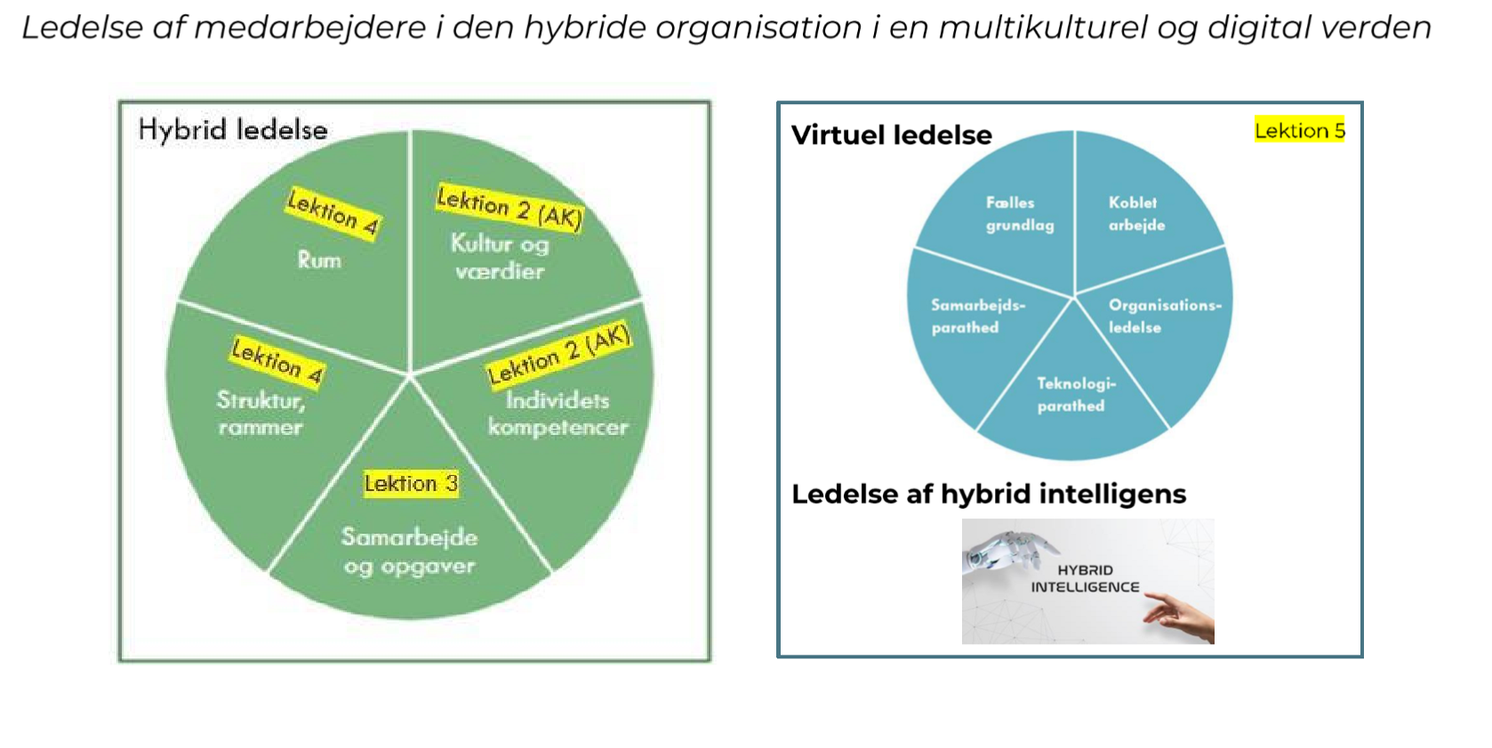 <p>1. <strong>Rum</strong> </p><p>→ Hvor arbejdet foregår</p><p> </p><ul><li><p>kontor vs. hjemmearbejde</p></li><li><p>fysiske rammer</p></li></ul><p> </p><div data-type="horizontalRule"><hr></div><p> 2. <strong>Kultur og værdier</strong> </p><p>→ Hvordan man er sammen</p><p> </p><ul><li><p>tillid, normer, samarbejdskultur</p></li><li><p>fælles forståelse</p></li></ul><p> </p><div data-type="horizontalRule"><hr></div><p> 3. <strong>Individets kompetencer</strong> </p><p>→ Hvad medarbejderen kan</p><p> </p><ul><li><p>selvledelse</p></li><li><p>digitale evner</p></li><li><p>evne til at arbejde hybridt</p></li></ul><p> </p><div data-type="horizontalRule"><hr></div><p> 4. <strong>Samarbejde og opgaver</strong> </p><p>→ Hvordan arbejdet udføres</p><p> </p><ul><li><p>koordinering</p></li><li><p>opgavefordeling</p></li><li><p>samarbejdsformer</p></li></ul><p> </p><div data-type="horizontalRule"><hr></div><p> 5. <strong>Struktur og rammer</strong> </p><p>→ Regler og organisering</p><p> </p><ul><li><p>møder</p></li><li><p>arbejdstider</p></li><li><p>retningslinjer</p></li></ul><p></p>